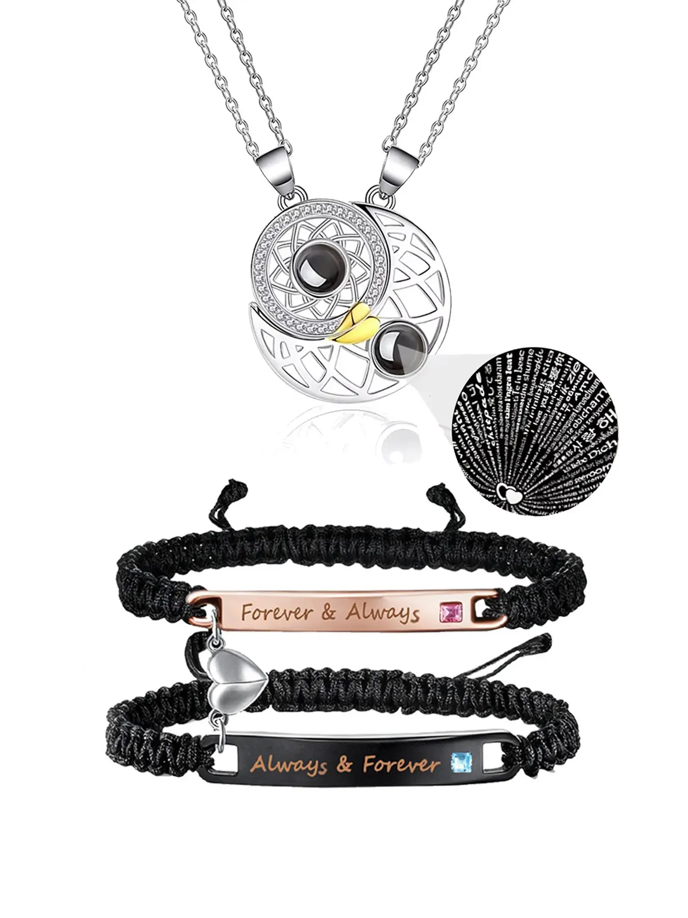 Couple's bracelet & necklace set, 100 languages "I love you" projection pendant. Sun & moon love necklace, couple promise jewelry for men & women. Gift for him/her, lover, husband, wife, soulmate. Ideal for Valentine's Day, Christmas, anniversaries.