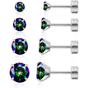 4 Pairs G23  Flat  Titanium Earrings Set for Women Men,20G Screw  Cubic Zirconia Studs Cartilage Earrings for  Ears