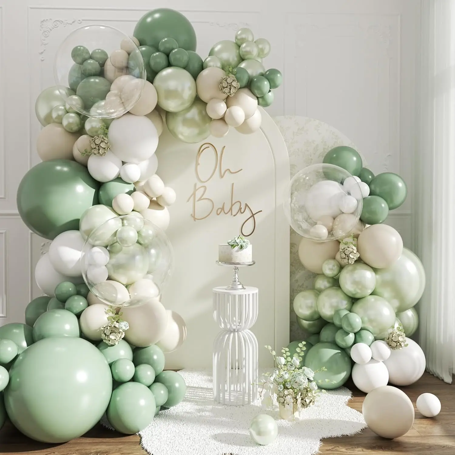 Sage Green Balloon Arch Kit 108Pcs Double Stuffed Pearl Green Sage Green Sand White Clear Balloons for Bridal Shower Shower Birthday Wedding Engagement Party Decorations