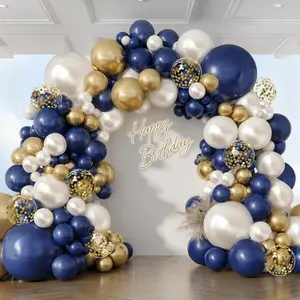 Navy Blue Gold White Balloons Arch Kit 129pcs Double Stuffed Royal Blue Chrome Gold Pearl Sand White Confetti Balloons Garland for Graduation Fathers Day Birthday New Year Wedding Party Decorations