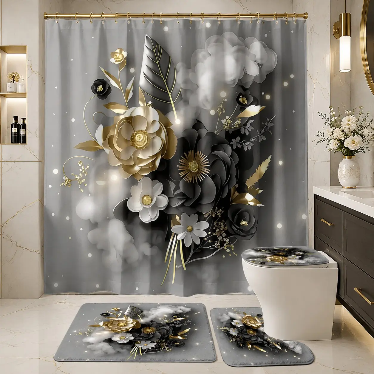 4pcs Grey Smoke Background Golden Black White Floral Leaf Glitter Dot Shower Curtain Set, Luxury Metallic Flower Art Bath Mat Toilet Seat Cover Combo,The floor mat fabric is thicker and softer!  Elegant New Year Modern Home Bathroom Decor Kit