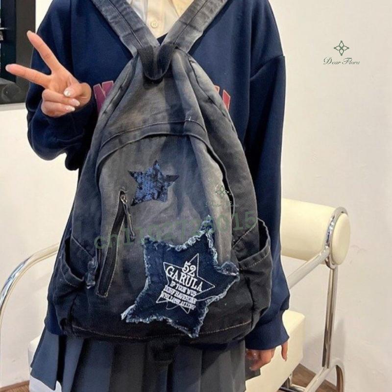 Y2K Korean Casual Denim Backpack Fashion Star Pattern Large Capacity Student Schoolbag Teenagers Vintage Punk Travel Book Bag