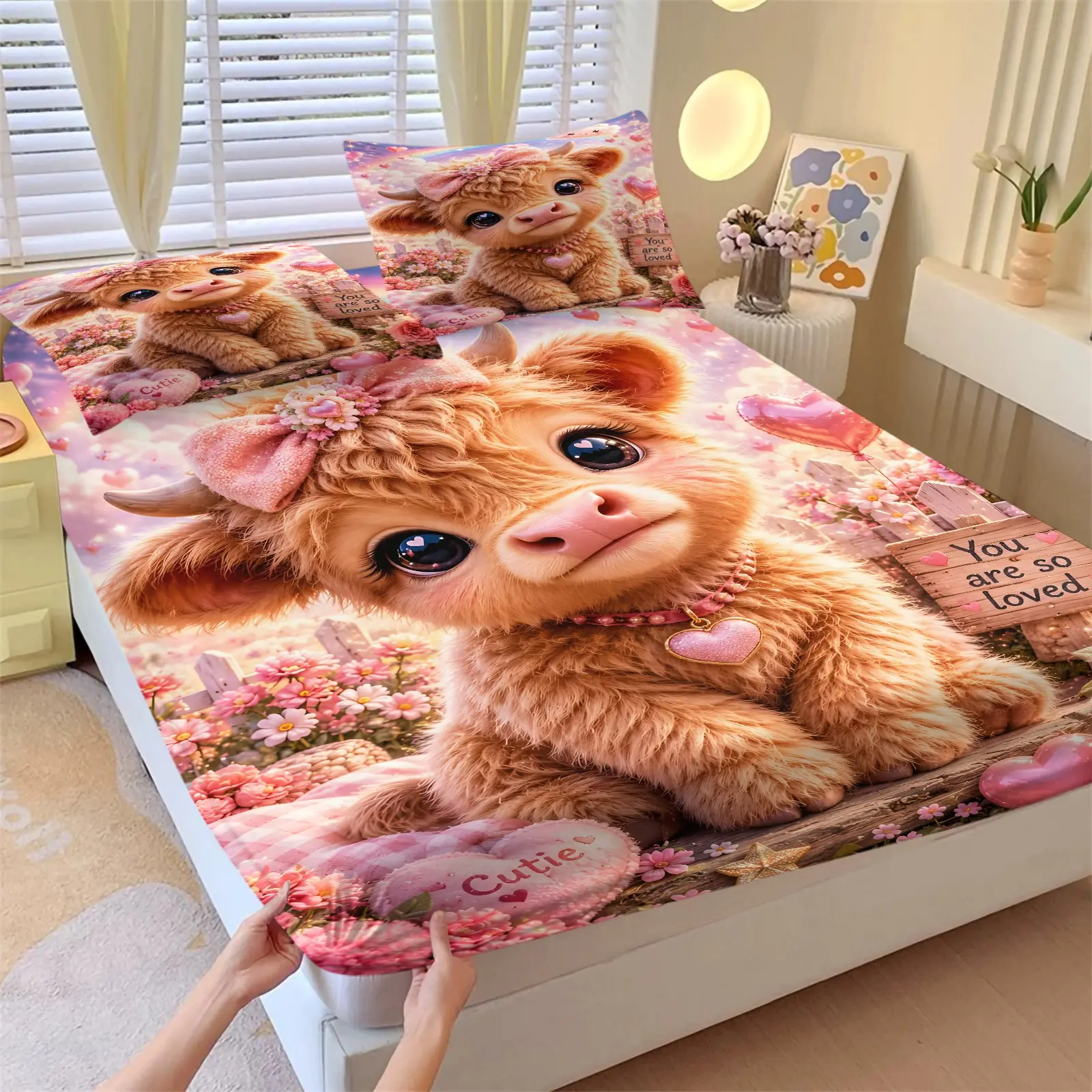 3-Pcs Cute Highland Cow Rainbow Heart Fitted Sheet Set, A Pink Bedding Set With A Bow and Floral Pattern, Perfect Holiday Gift. Suitable for Girl'S Bedroom, Children'S Room Or Couple'S Bedroom, Soft and Comfortable (1 Fitted Sheet + 2 Pillowcases).