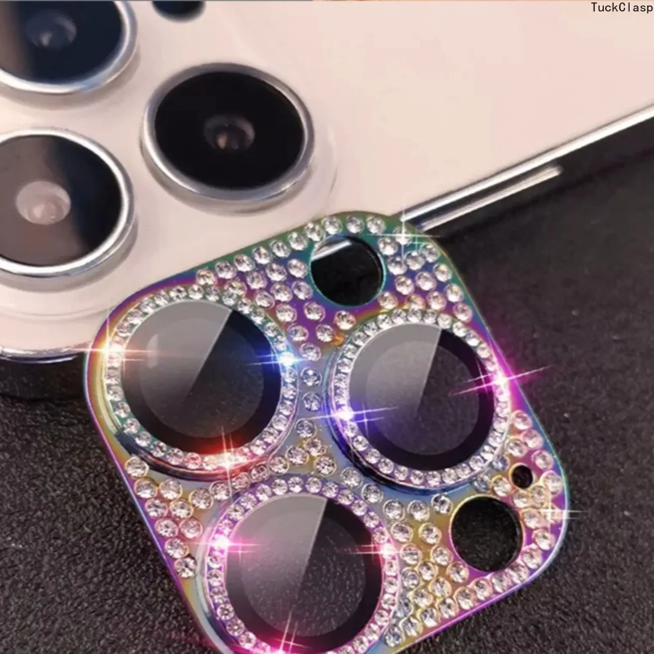 2PCS Bling Rhinestone Camera Lens Protector Compatible with iPhone 13 Pro / 13 Pro Max, HD Clear 9H Tempered Glass Rear Camera Cover, Anti-Scratch Sparkly Colorful Metal Ring Lens Protection Accessory