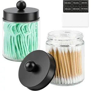 2 Pack Glass Apothecary Jars with Lids for Bathroom, Cute Qtip Holder, Black Bathroom Accessories Set, Small Canisters with Lids for Q-Tips Cotton Swabs for Bathroom Decor