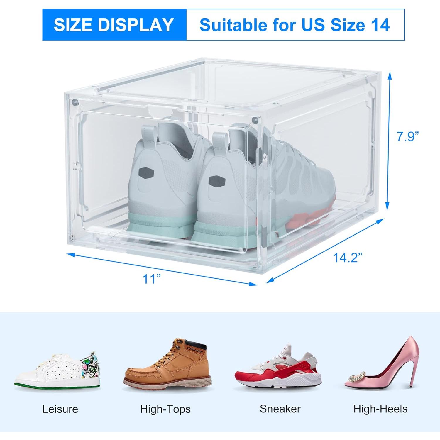 Size 14 Shoe Boxes Clear Plastic Stackable, Sneaker Containers  Shoes Storage Box Foldable Drop Front Organizer Shoes Cases for  Display Bins 1 Pack (14.2"x 11"x 7.9")