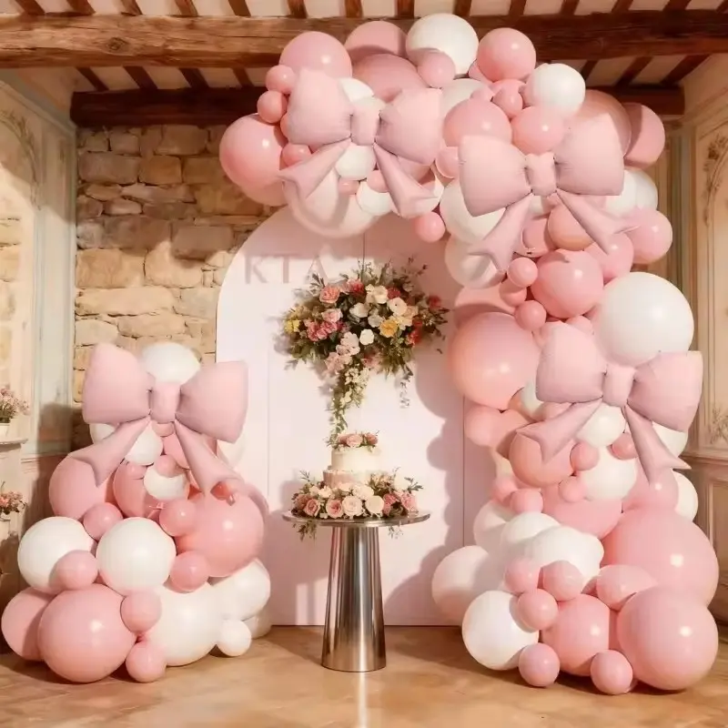 118 Pcs /Set Of Pink And White Latex Balloons And 21-inch Pink Bow Aluminum Film Balloons, Suitable For Valentine's Day Parties And Wedding Decorations, Valentines Balloon Arch