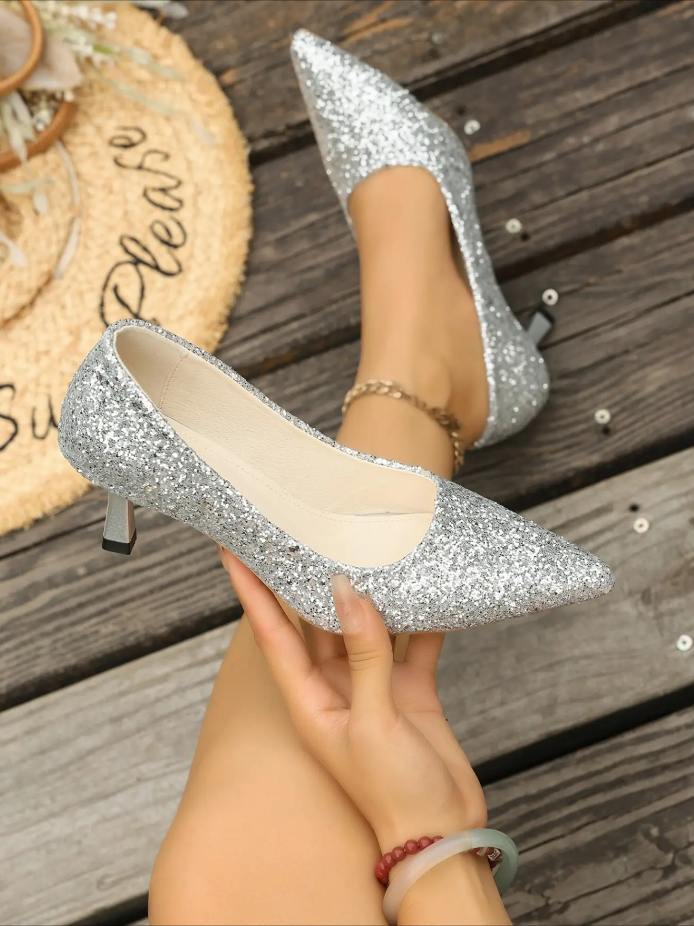 Silver glitter pointed toe stiletto pumps with 6.5cm heels glamorous elegant women shoes for wedding bridal shoes party banquet and daily formal outfits