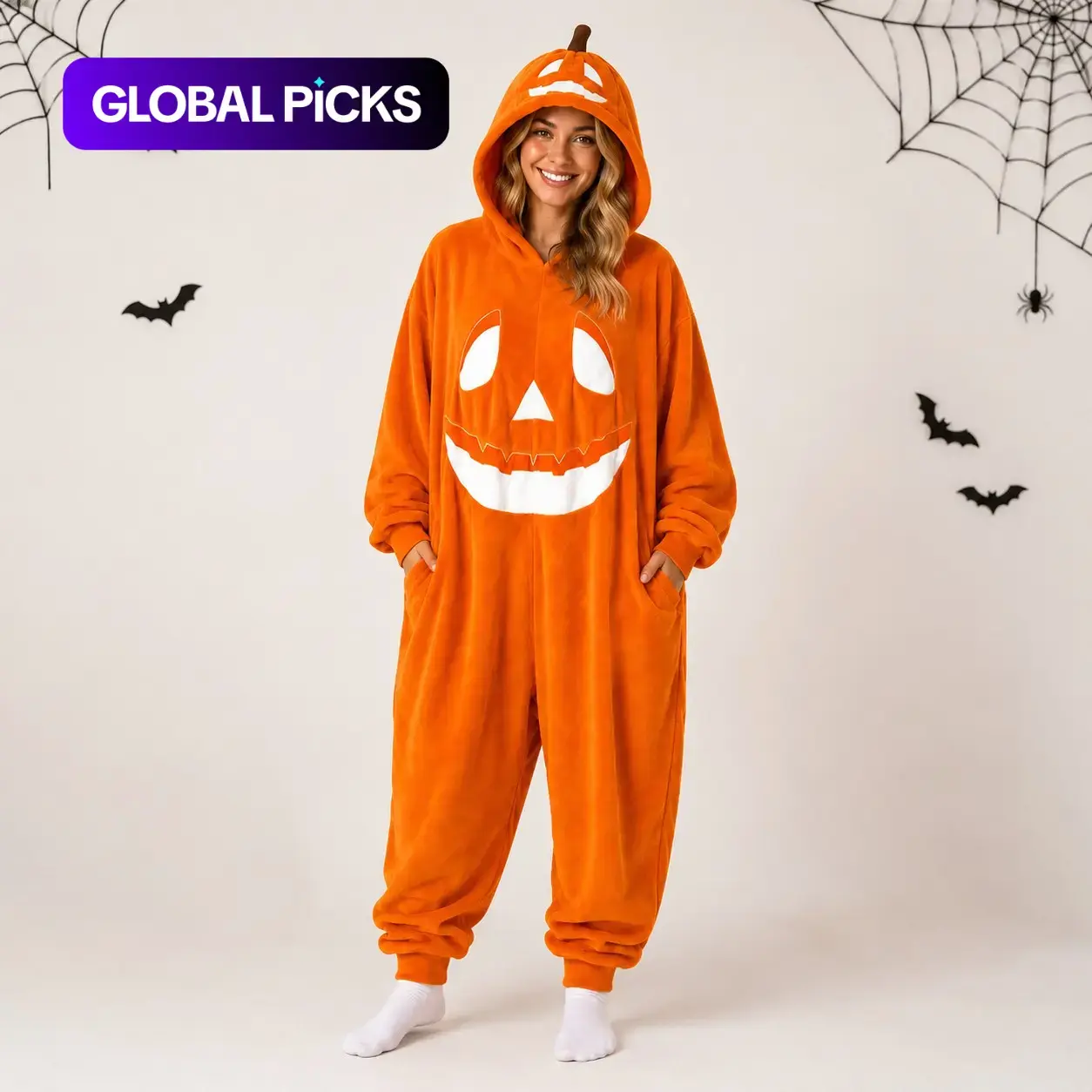 Adult Halloween Pumpkin Hooded Onesie Pajamas, Soft Plush Jumpsuit, Cozy Costume Sleepwear, Party Loungewear, Outfit, Unlined