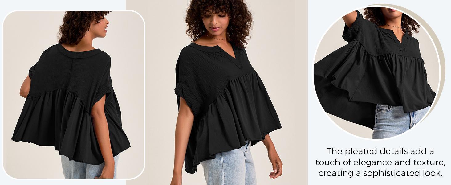 Imily Bela Womens Summer Babydoll Tops V Neck Short Sleeve Pleated Flowy Shirts Casual Loose Fit Peplum Blouse