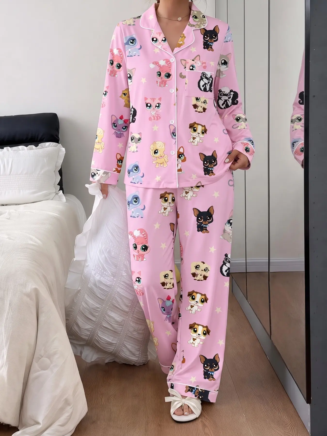 Spring Fall Women's Pajama Set, Wearable Long Sleeve Shirt and Loose Pants, Casual Littlest Pet Shop Print, Homewear for Daily Use, Loungewear