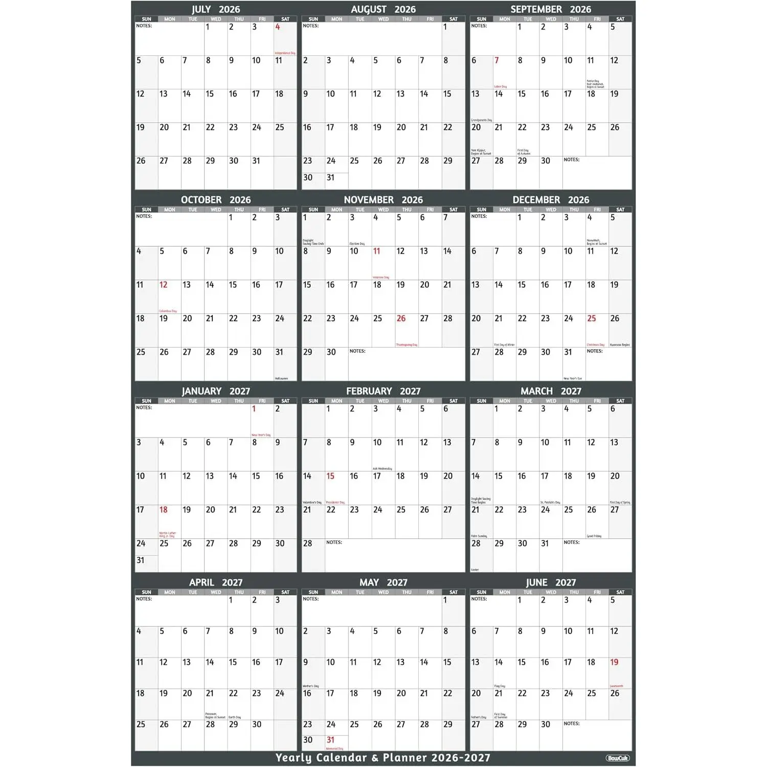 Yearly Wall Calendar 2026-2027 - Large Yearly Calendar Vertical, Jul 2026 - Jun 2027, 25.2" x 38.2" (Open), 2026-2027 Calendar, Large Wall Calendar, Full Year Paper Calendar with Notes, Thicker Paper