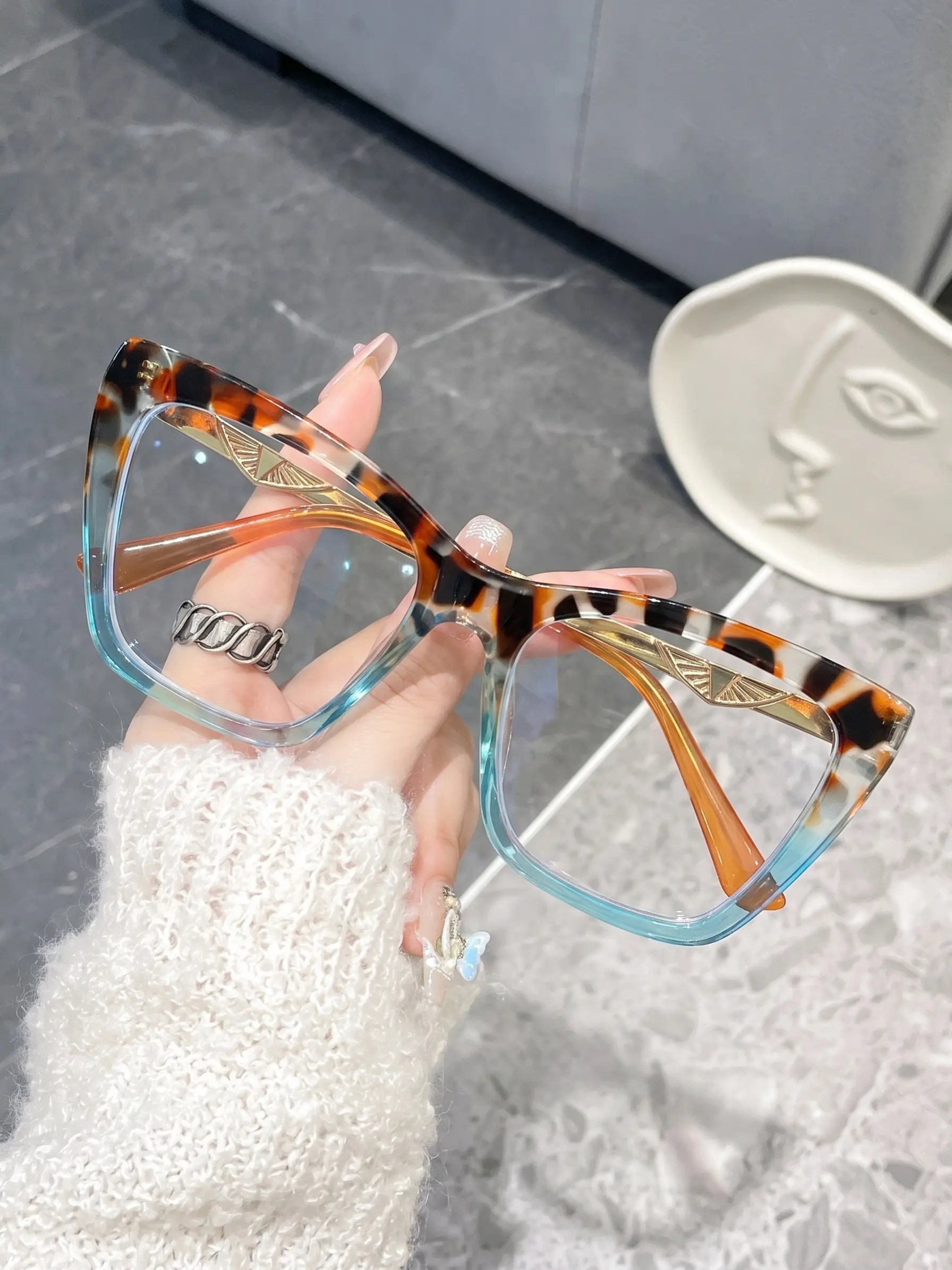 Luxury Metal Cat Eye Glasses, Gradient Pattern, Casual Style, Blue Light Protection, Alloy Frame, All Seasons, Decorative Lens
