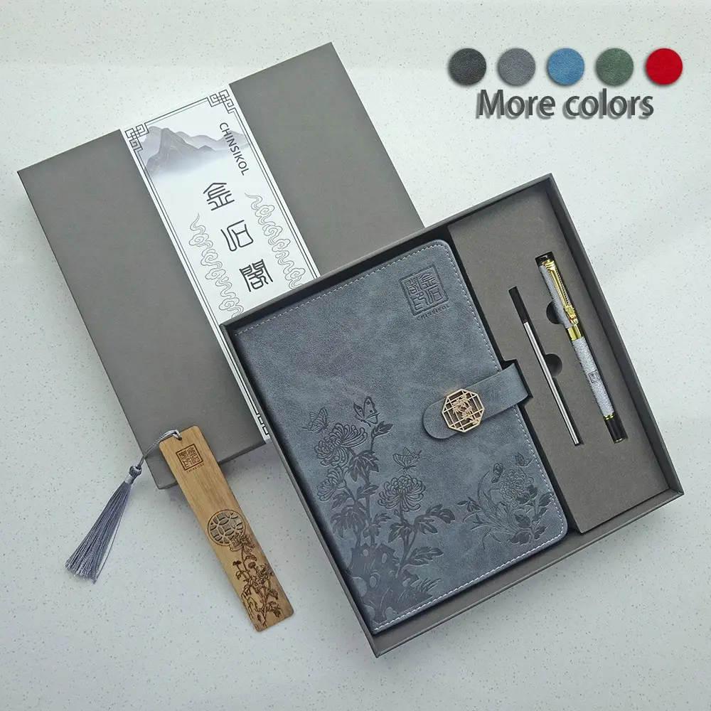 Chinsikol New Traditional Chinese Cultural Gift Set, Includes A5 Notebook, Metal Pen, Refill, Wooden Bookmark, Ideal for Gifts