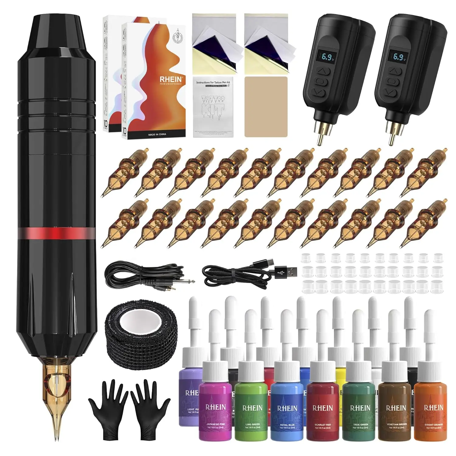 Tattoo Pen Kit, Complete Rotary Tattoo Machine with 2 Power Supplies, 20 Cartridge Needles, 14 Tattoo Inks, Practice Skin Stencil Transfer Paper