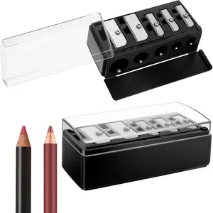 2 PCS Black 5-Hole Long Point Manual Pencil Sharpener with Plastic Lid for Cosmetic Eyeliner Eyebrow Lip Liner Makeup Pencils