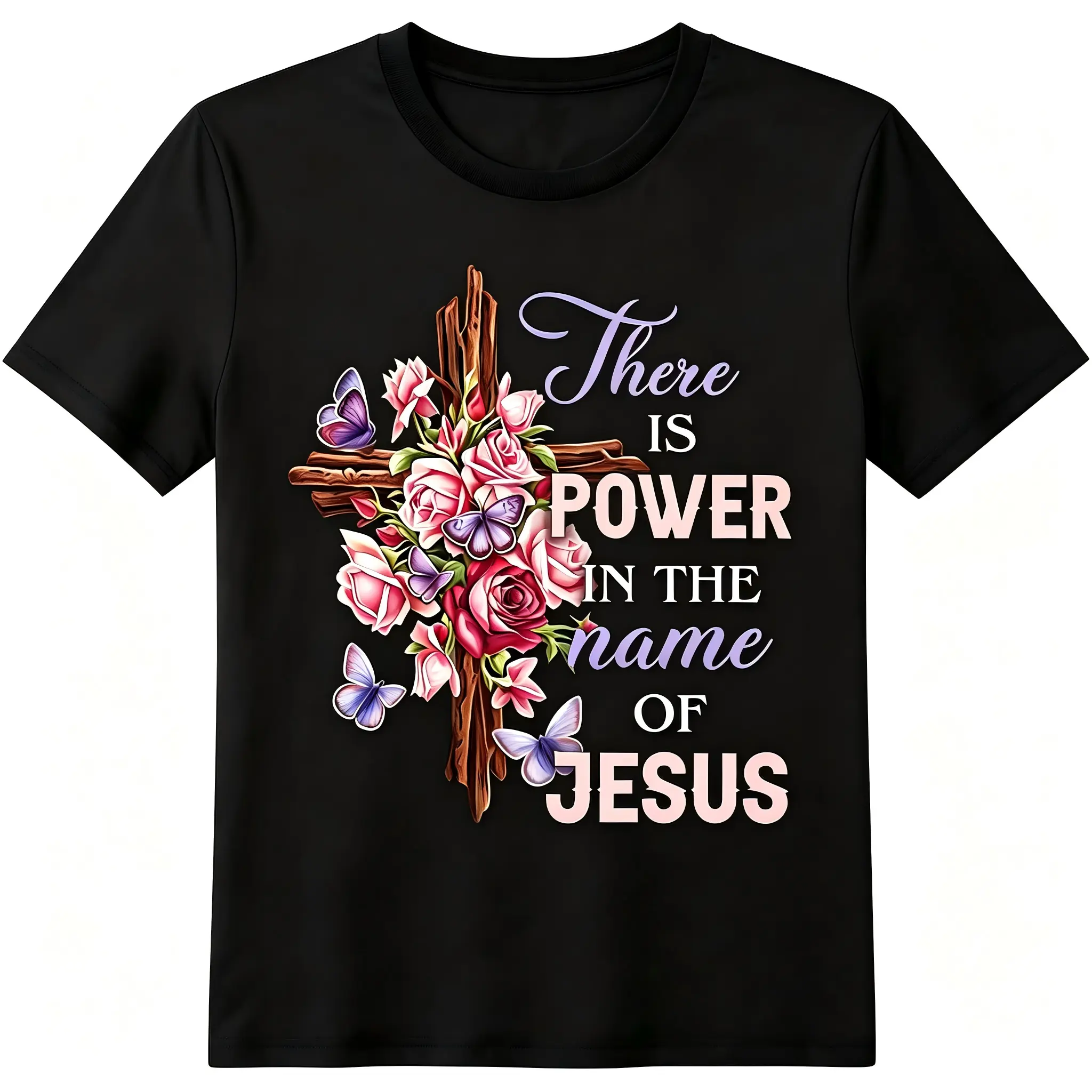"There Is Power In The Name Of Jesus" Christian T-Shirt for Men and Women - Watercolor Rose Butterfly Rustic Cross Graphic Tee, Soft Slight Stretch Cotton Crew Neck, Regular Fit Faith Streetwear, All Season Top, Christian Gift, Machine Washable