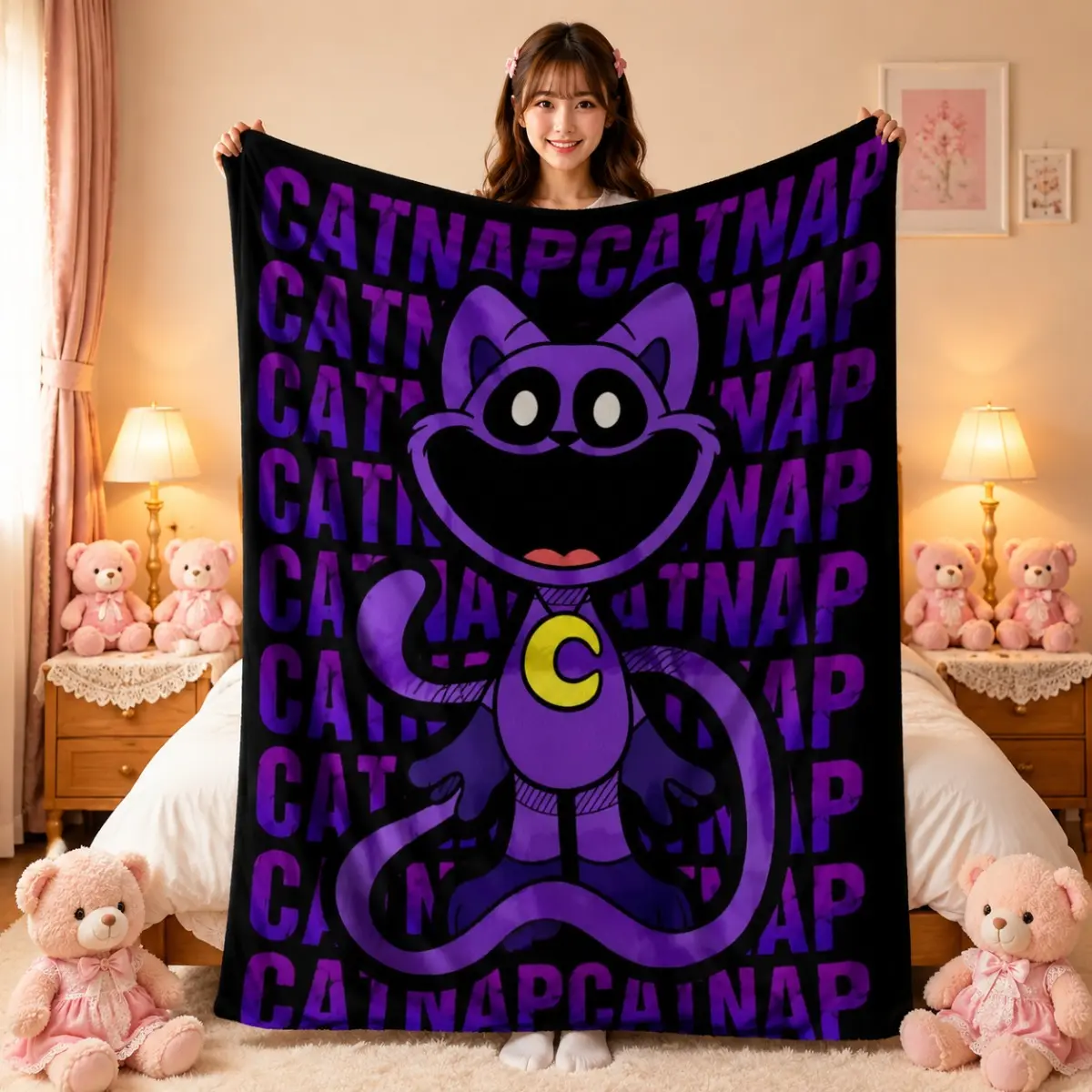 CatNap Poppy Playtime Flannel Throw Blanket, Purple CatNap Character Text Stack Print, Soft Warm Blanket for Kids Bedroom Sofa, Perfect Birthday Christmas Gift for Game Fans