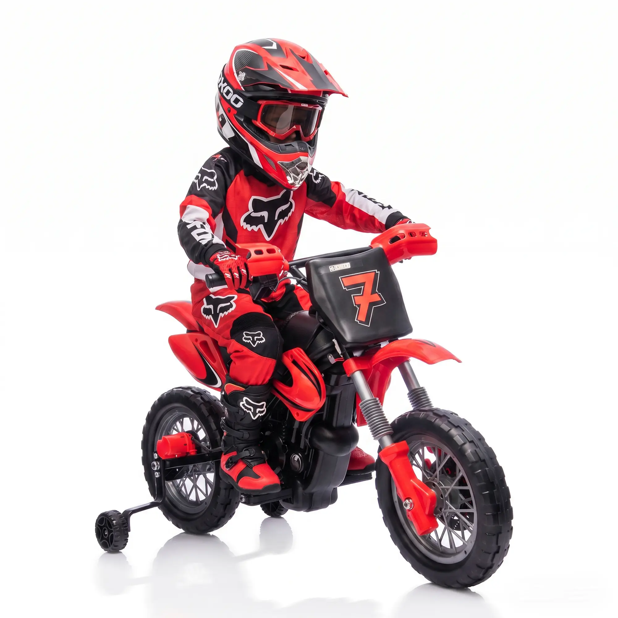 12V Kids Motorcycle, Up to 3.1mph - Electric Dirt Bike for Kids with Training Wheels, Self-Control Throttle Grip, Treaded Tires, Music, Horn, Spring Suspension