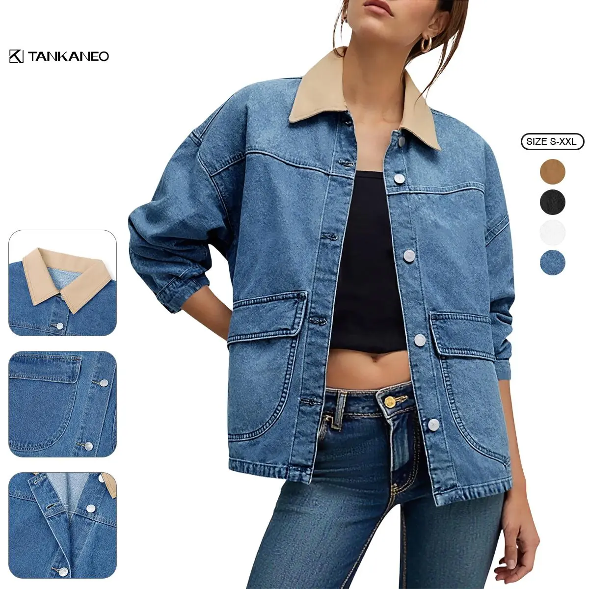 Tankaneo Womens Oversized Denim Jacket Casual Contrast Canvas Collar Button Down Jean Jackets with Pockets