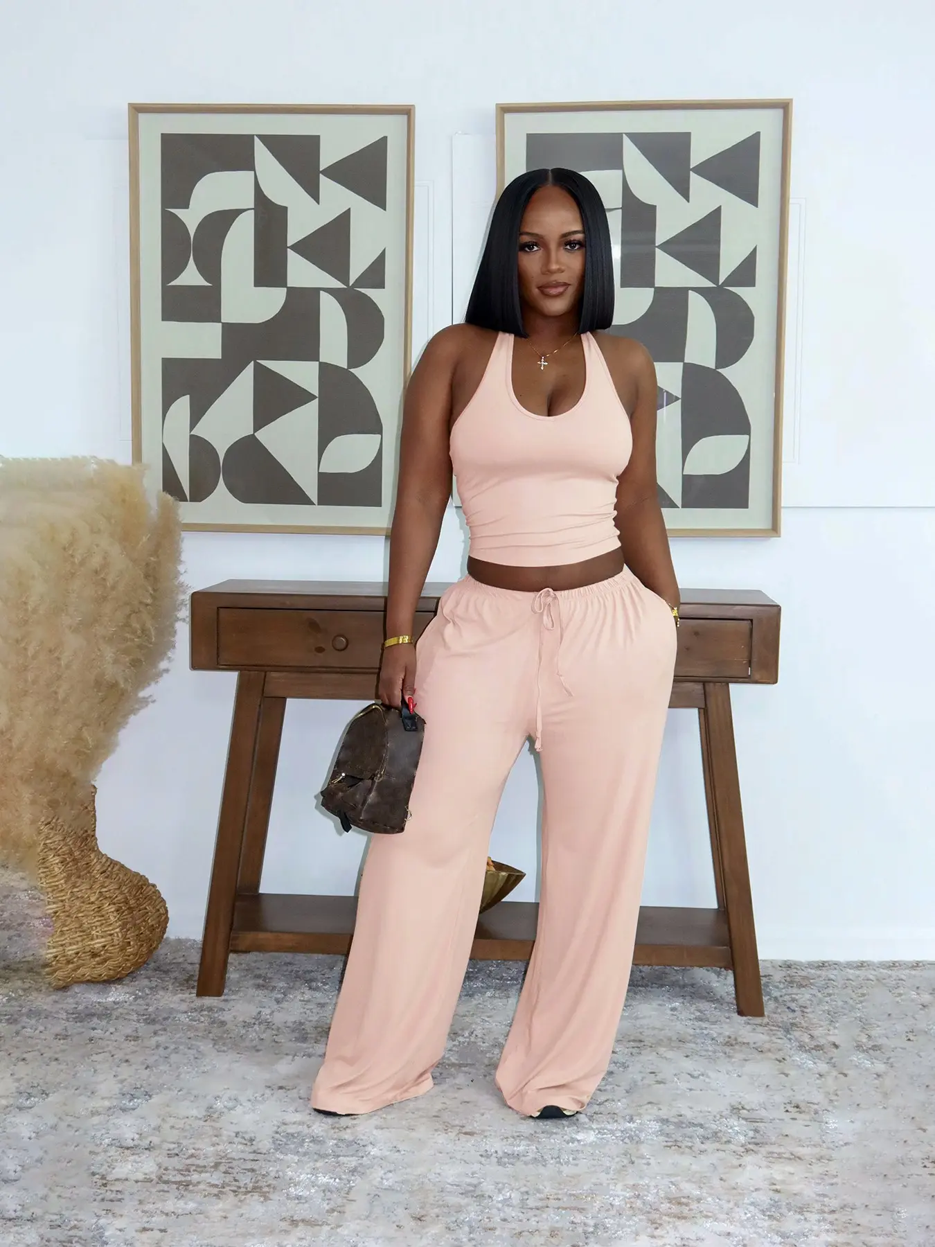 2-Piece Set Tw839 Women's Summer Solid Color Casual Style Streetwear Halter Top and High-Waist Pocket Wide Leg Pants