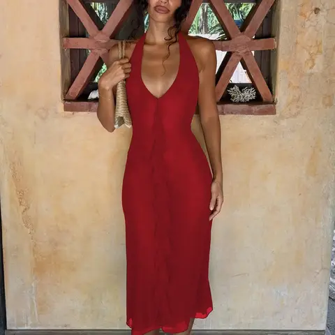 Women's Plain Contrast Mesh Ruffles Bodycon Halter Dress, Chic Elegant Fitted, Solid Color V Neck Sleeveless Backless Slim Fit Layered Midi Dress, Party Club Date Beach Vacation Casual Slip Dresses Summer Fashion Clothes