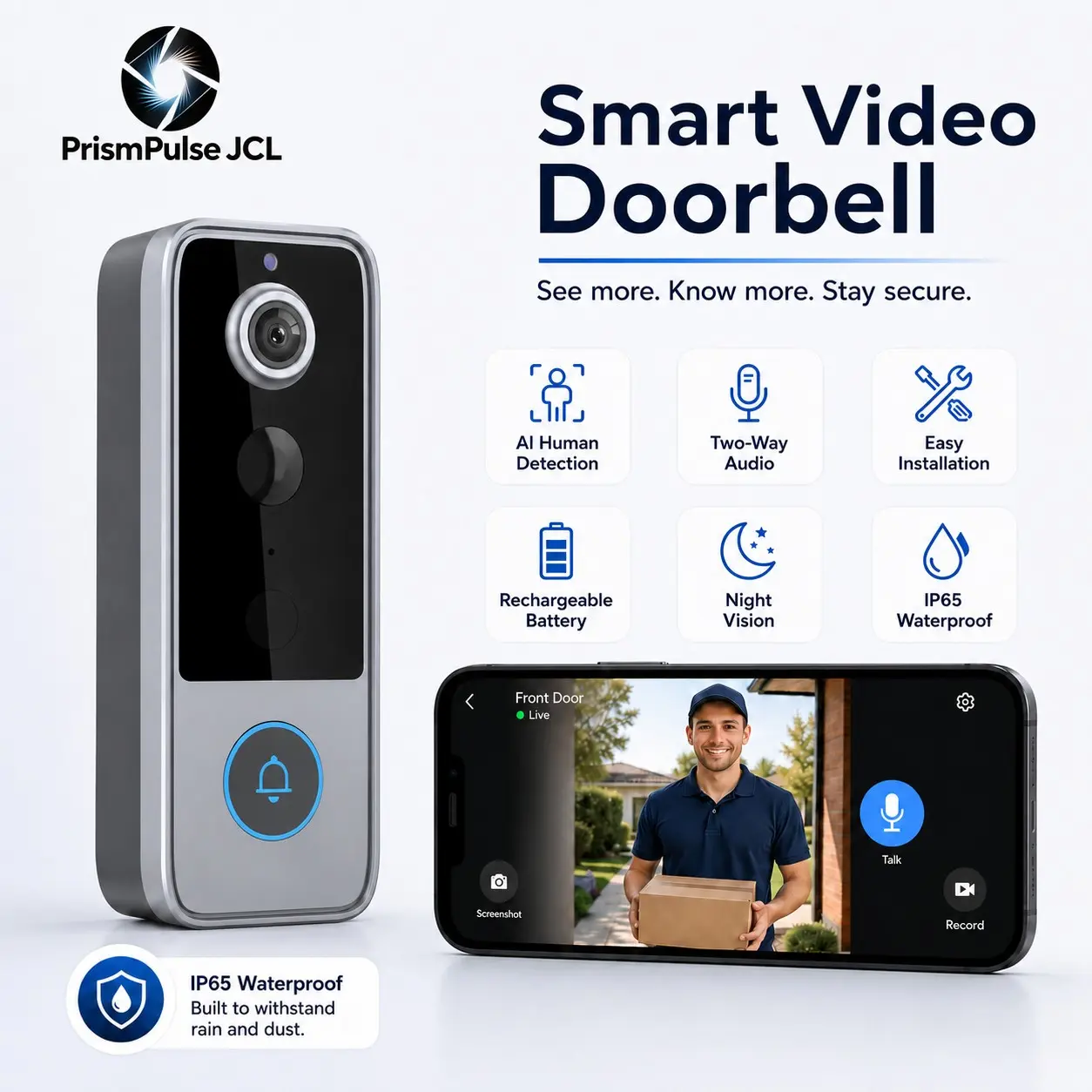 Smart Wireless Video Doorbell Camera, Ip65 Waterproof, Easy Installation, Two-Way Talk, Motion Detection, 2000mah Battery, 1080P Night Vision