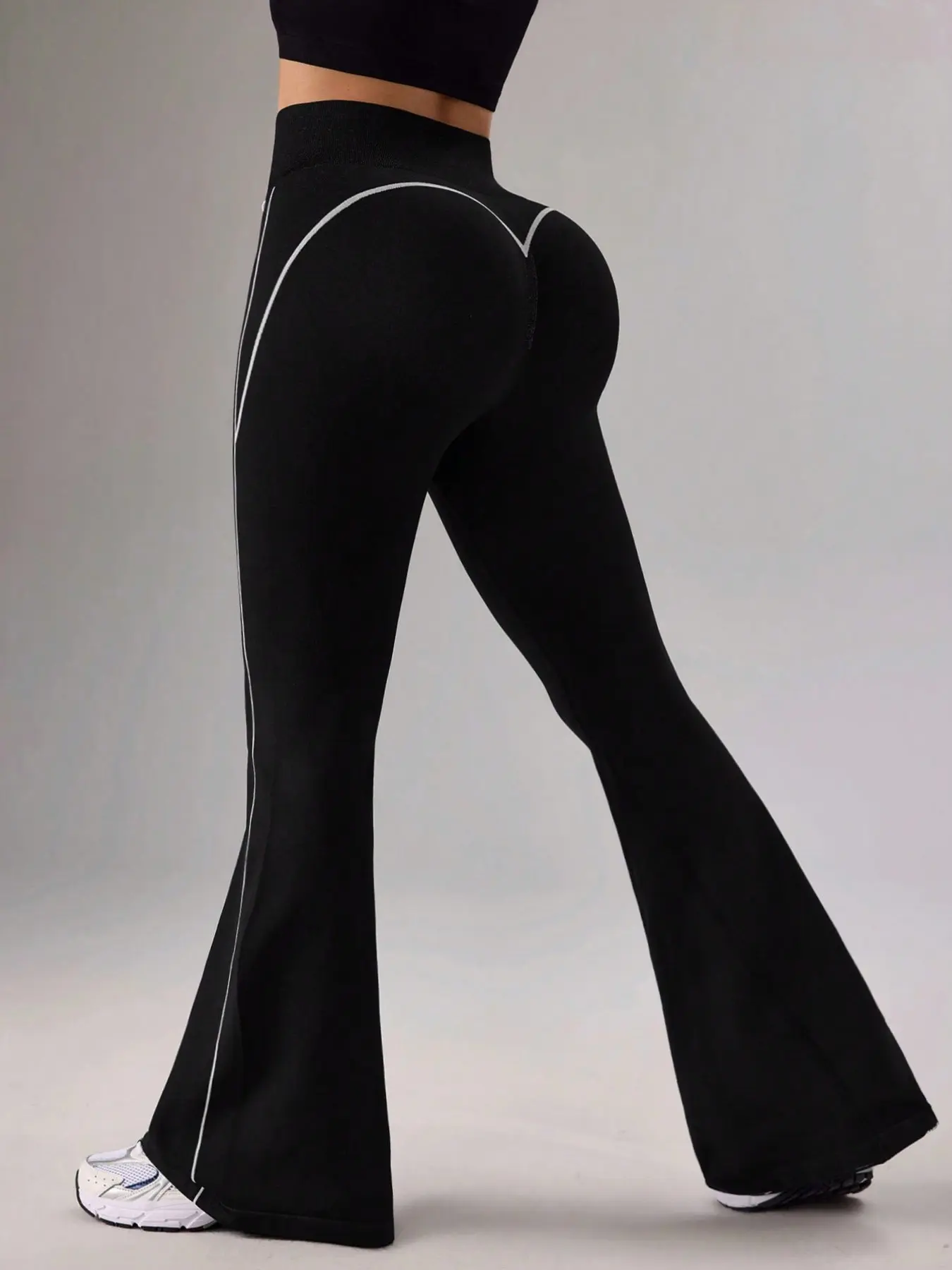 Women's Seamless High-Elastic Knit Colorblock High-Waist Sport Yoga Flare Pants, Casual Running Long Pants, Perfect Body Line Design, Athleisure Pants