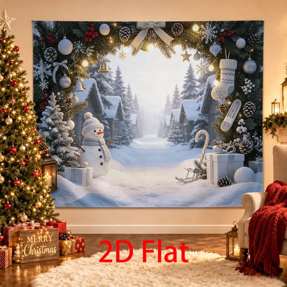 White Winter Christmas Backdrop, Snowy Village Photography Background with Snowman, Silver Gifts, Sled, Stocking and Warm Lights