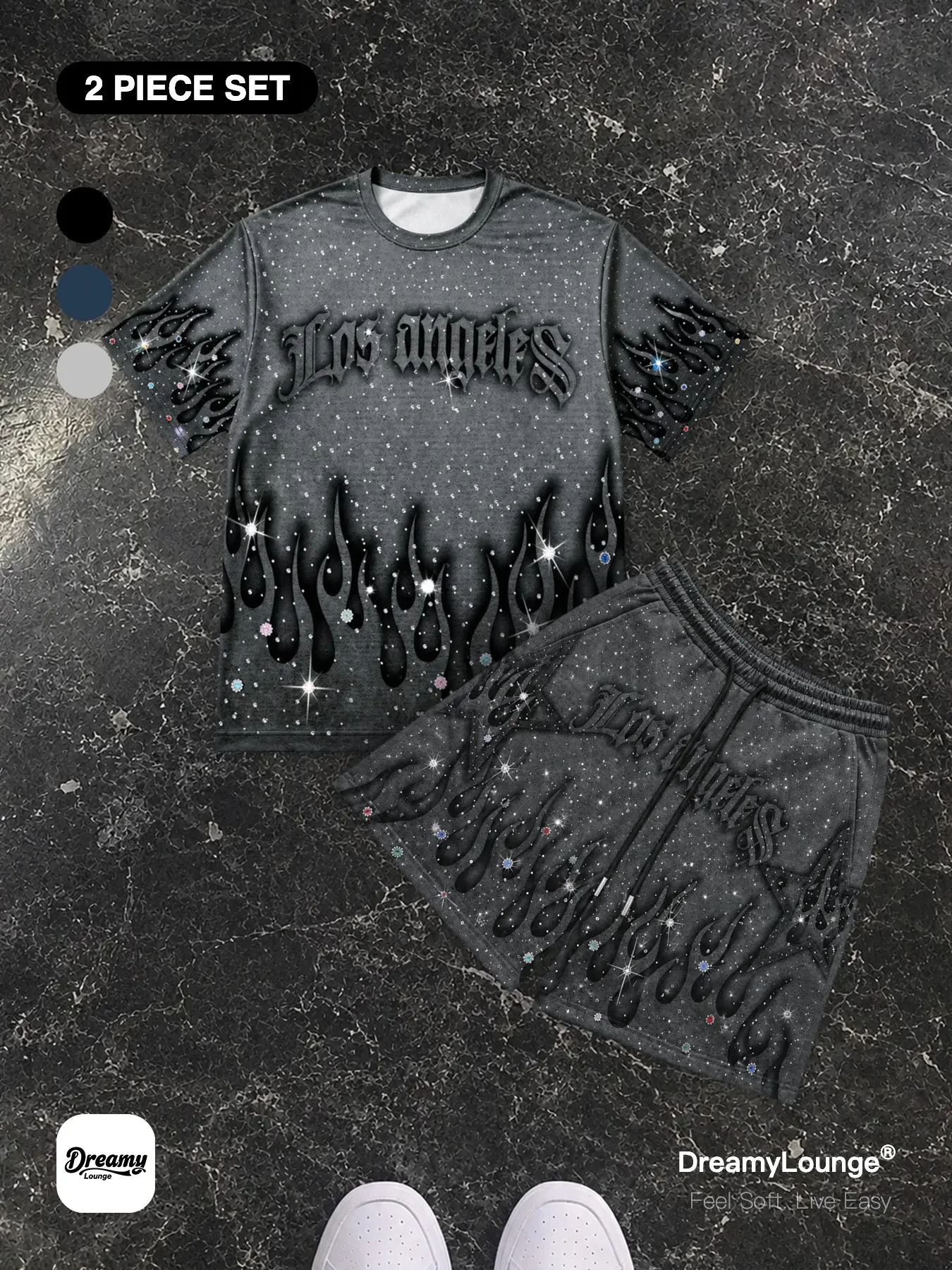 ｜2-Piece Set｜ Y2K Style Fashion Rhinestone Star Element Los Angeles Flame Print Loose Short Sleeve T-Shirt + Shorts, Casual Breathable
