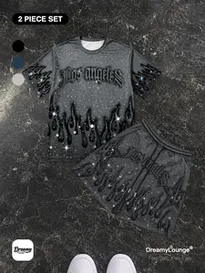 ｜2-Piece Set｜ Y2K Style Rhinestone Star Element Los Angeles Flame Print Loose Short Sleeve T-Shirt + Shorts, Casual Breathable