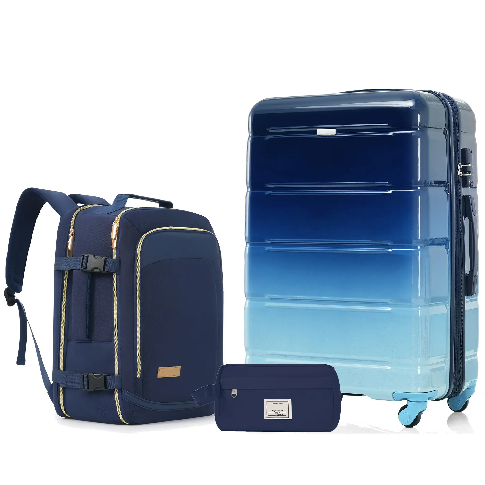 Nokaa 3-Piece Luggage Set 28in Checked Suitcase with TSA Lock Travel Duffel Bag Wet-Dry Toiletry Bag, ABS+PC Hard Shell, 360° Spinner Wheels, Telescopic Handle, for Travel Vacation Business Trips Family Use, Navy