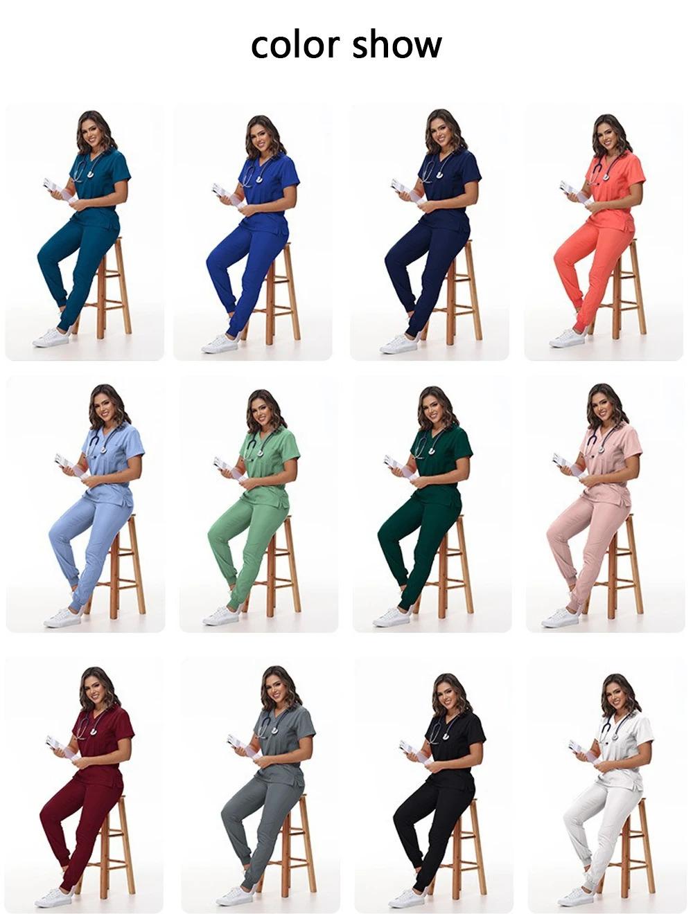 Brand New Women's Medical Scrub Suit Stretch Surgical Uniform with Pockets Top and Pants Nurse Doctor Workwear Overalls Casual Womenwear