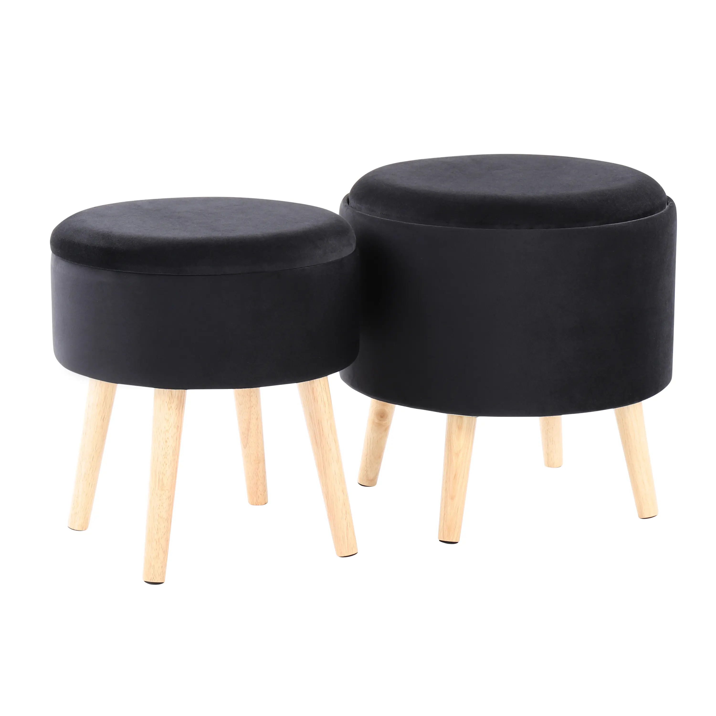ARCH Contemporary Storage Ottoman with Matching Stool, Black Velvet Upholstered Footstool with Natural Wood Legs, Hidden Storage Bench for Living Room Bedroom Entryway, Space-Saving Seat and Organizer, 2-Piece Set, Home Furniture and Household