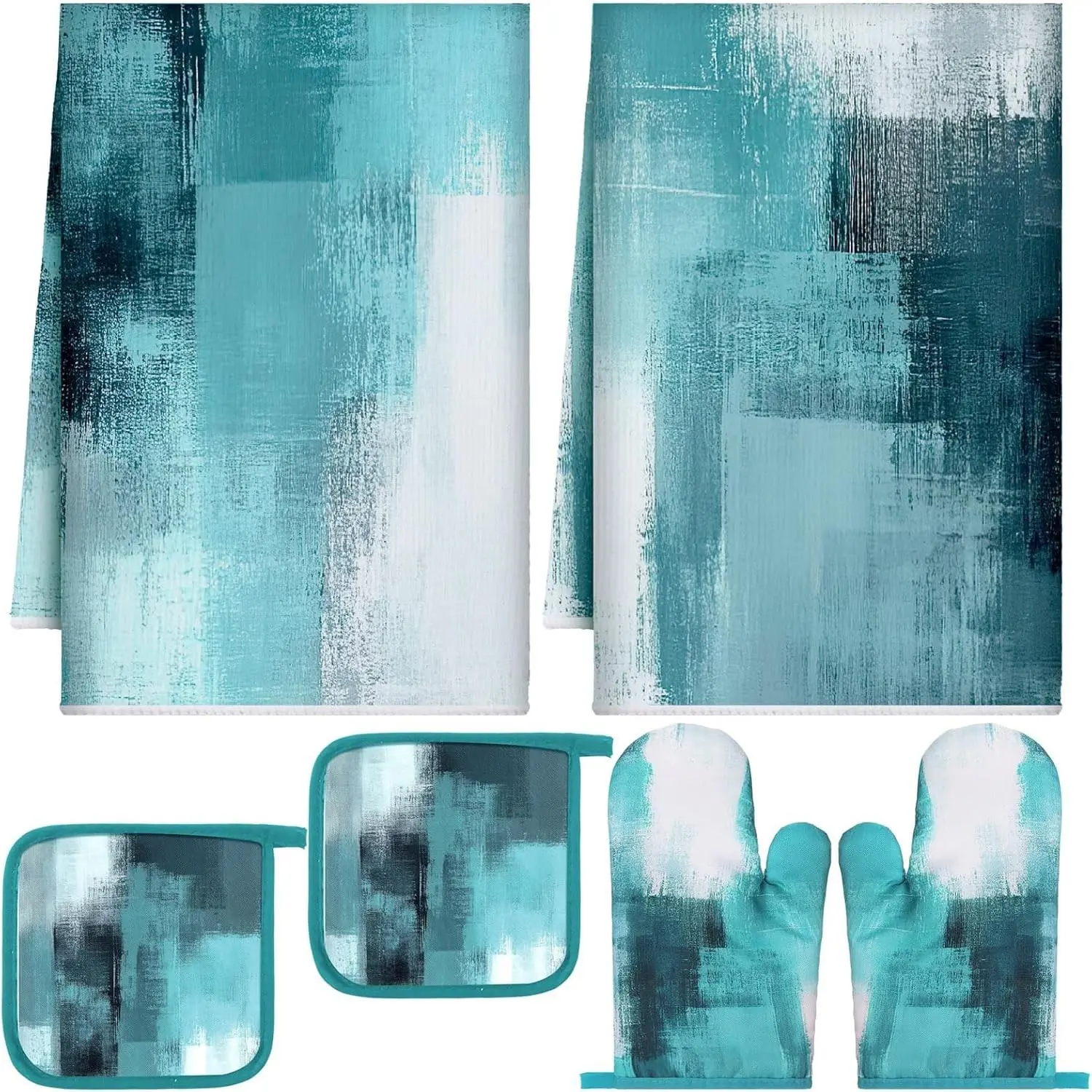 6 Pcs Teal Kitchen Accessories Kit Including Kitchen Towels Pot Holders and Oven Mitts Turquoise Farmhouse Cooking Gloves for Baking Cooking Grilling Supply