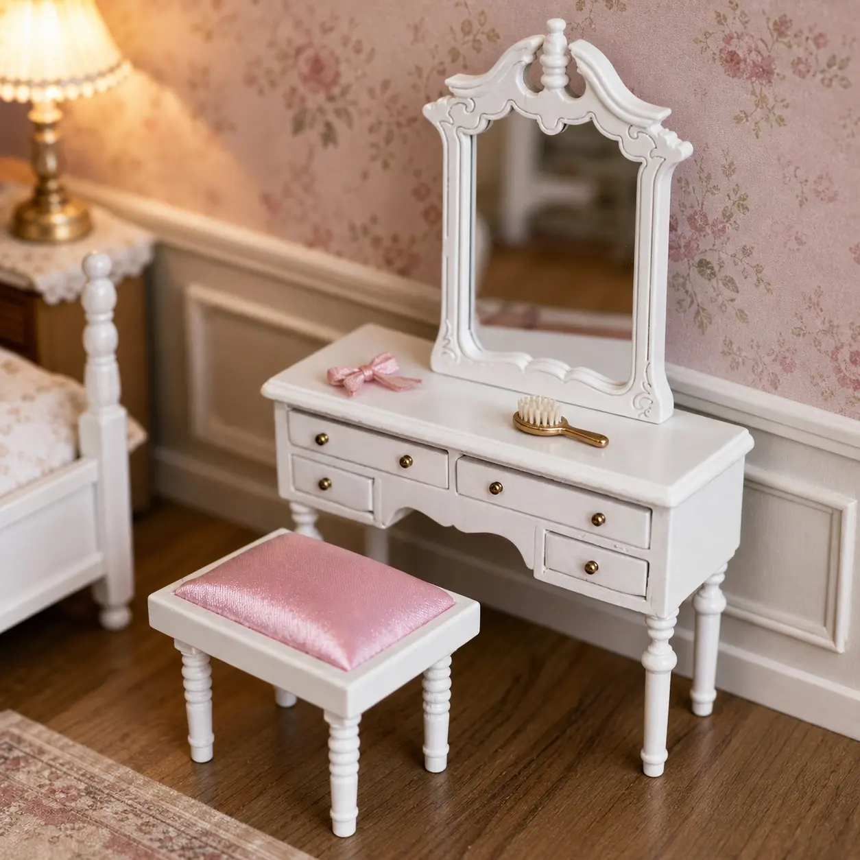 Dollhouse Miniature White Vanity with Carved Mirror and Pink Stool DIY Bedroom Furniture Set Christmas Easter New Year Gift Doll House Accessory