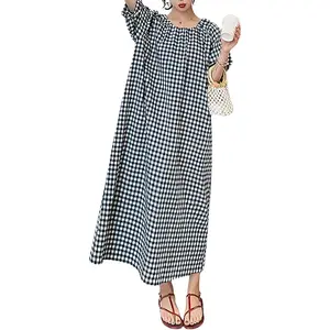 Women's Casual Gingham Loose-Fit Swing Dress Cotton Lantern Puff Sleeve Plaid Midi Long Dress
