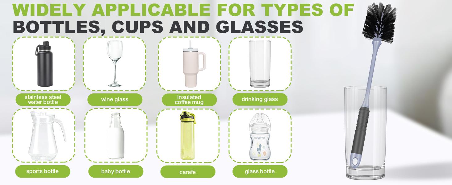 Long Handle Bottle Brush Set, 2-Pack Flexible Nylon Scrub Brushes for Reusable Water Bottles, Cleaner for Thermos, Tumblers, Glassware & Mugs - Black