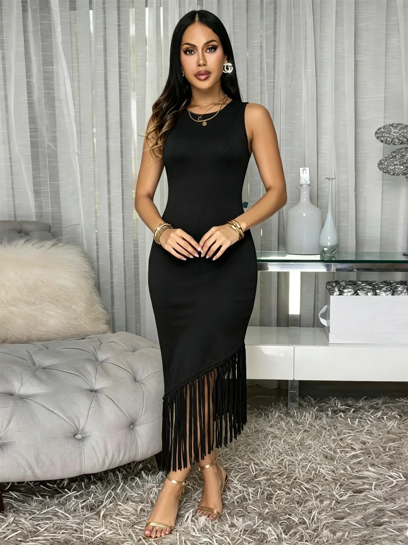 Elegant Women Sleeveless Knit Bodycon Dress, Asymmetrical Fringe Midi Dress, Summer Party Dress for Dance, Date and Home Wear