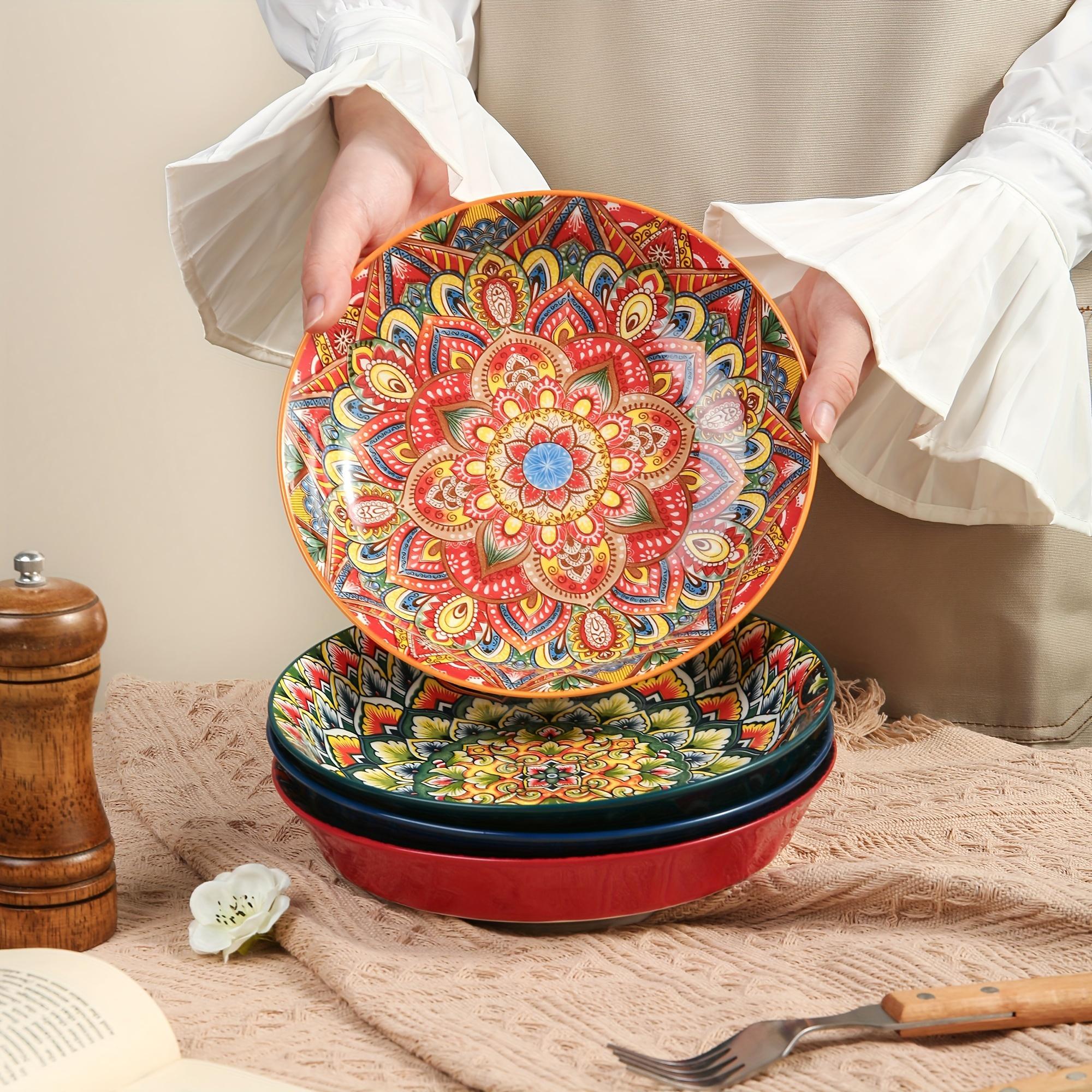 Bohemian Style Floral Pattern Ceramic Dinner Plate Set, 4 Counts/set Creative Dish Plate, Large Deep Plate for Home and Restaurant Use, Salad Serving Plates