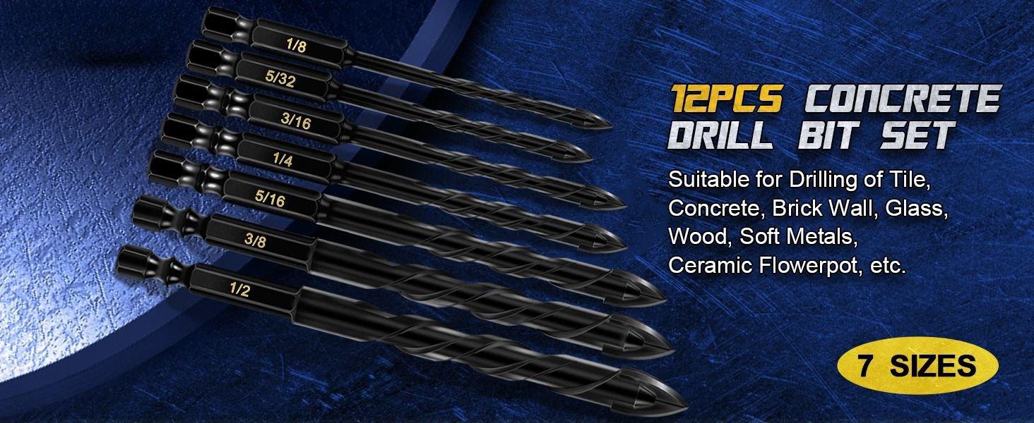 12 Count Masonry Drill Bit Set with Industrial Carbide Tip, Sawtooth Eccentric Design, Ideal for Drilling Tiles, Ceramics, Glass, Marble, Concrete, Stainless Steel
