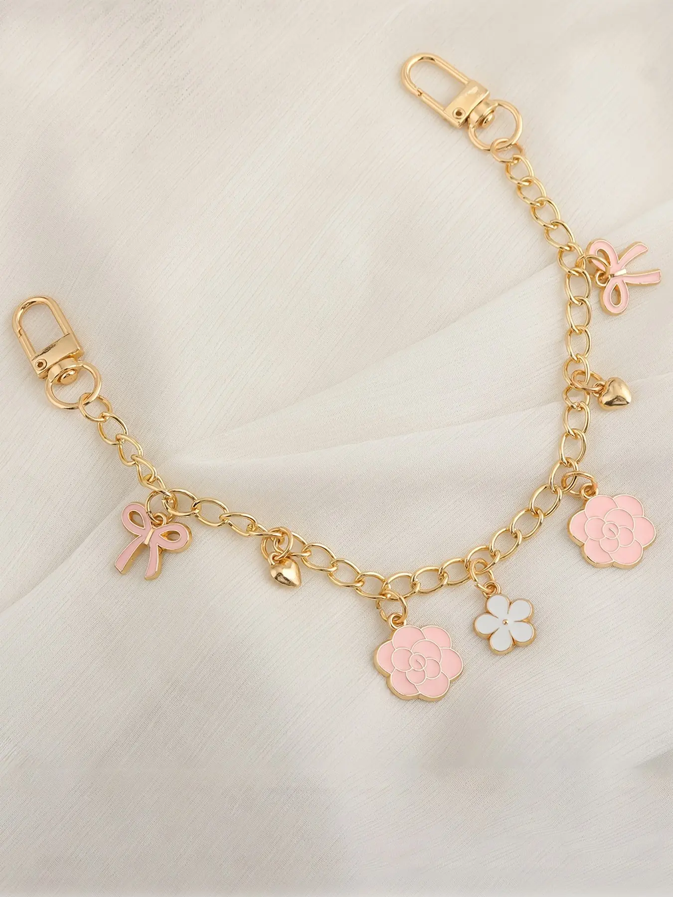 Pink Bow Camellia Flower Bag Chain Charms, Fashion Bag Charms – Gold Metal Handbag Decor Strap with Double Lobster Clasps, Sweet Girly Bag Pendant Chain for Purse Backpack, Ideal for Romantic & Coquette Style Lovers