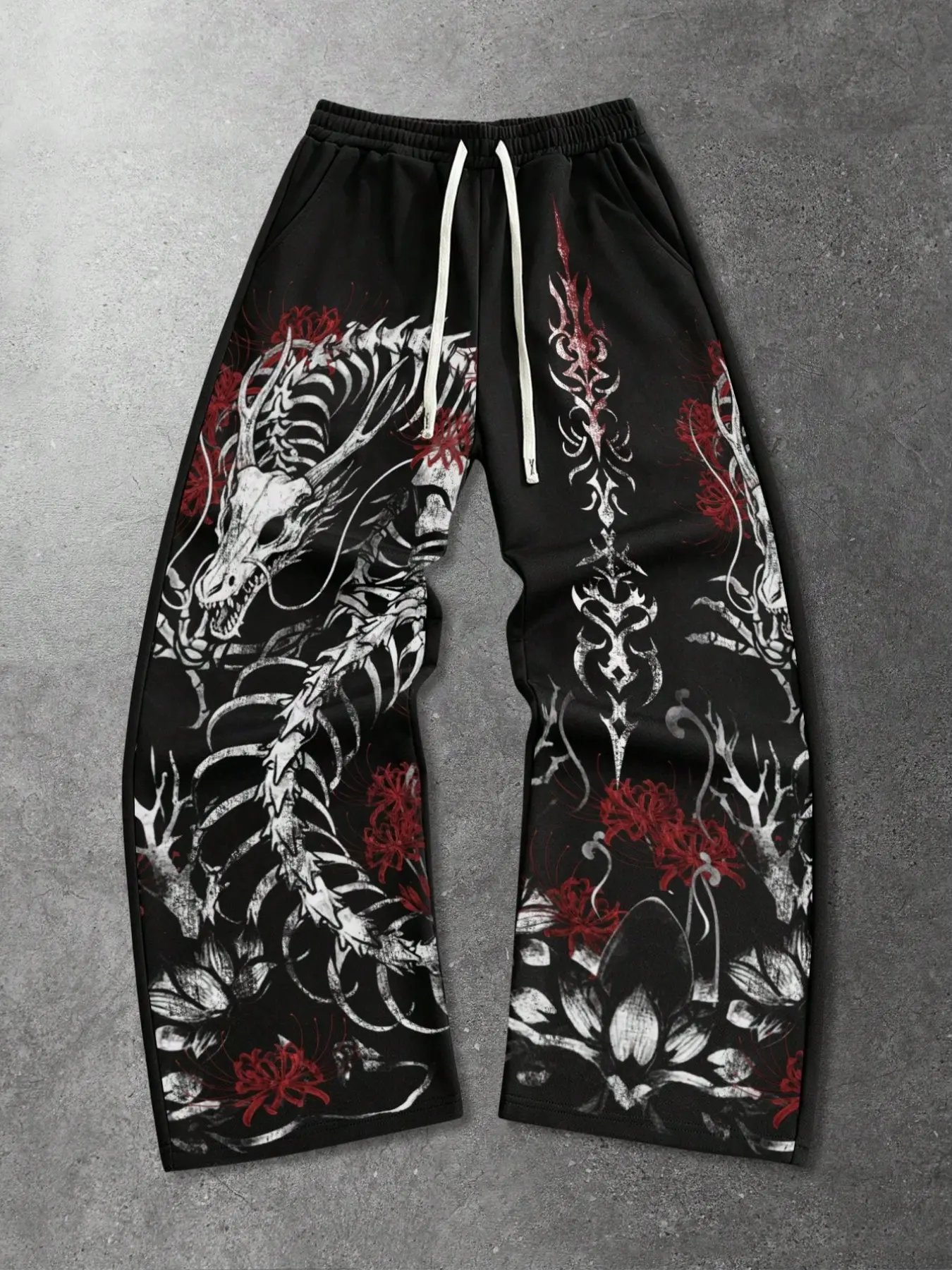 Men Gothic Dragon Skeleton Red Spider Lily Print Wide Leg Sweatpants Y2K Grunge Dark Streetwear Loose Drawstring Casual Pants