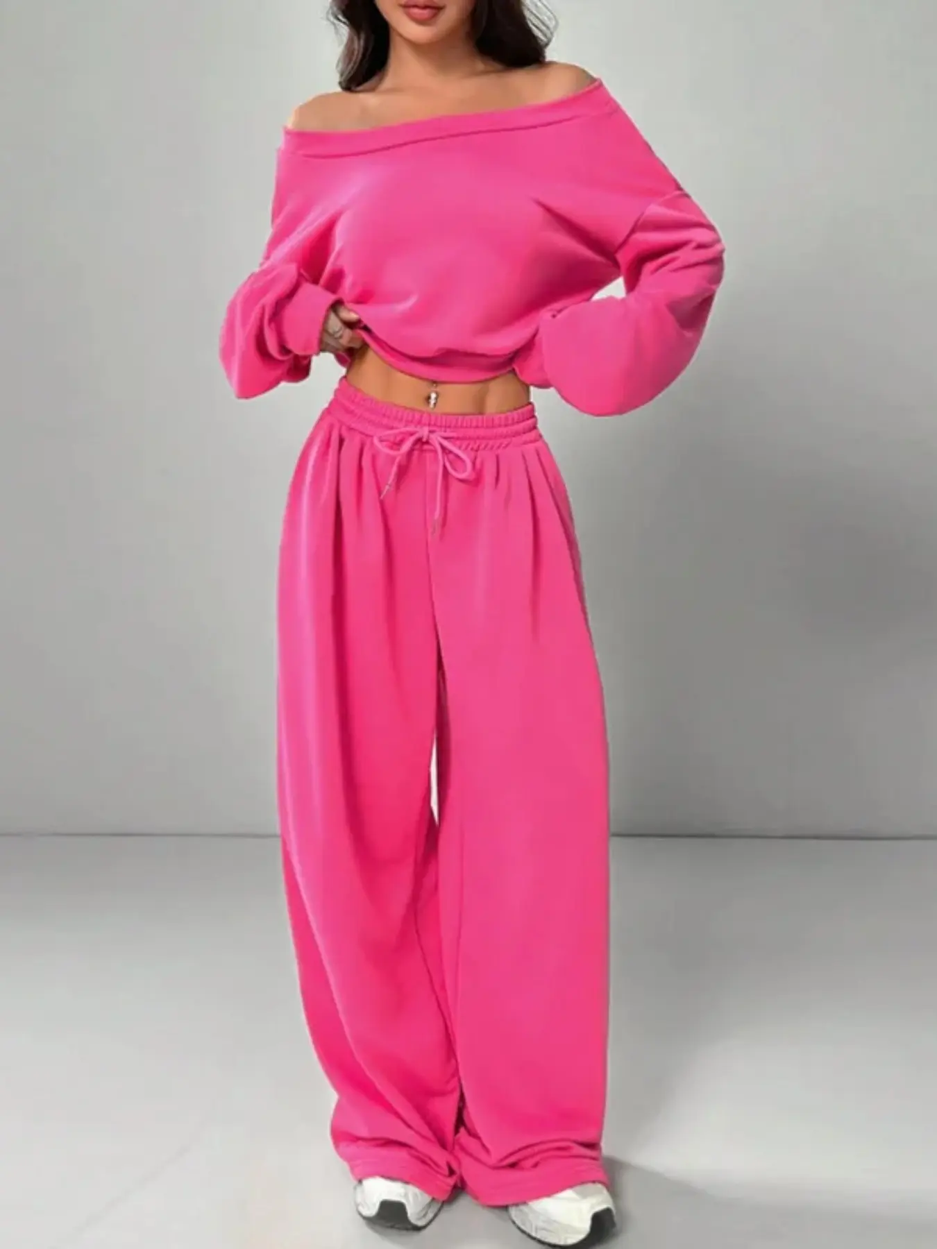 Women's Fashion Asymmetrical Shoulder Casual Set, Lady Stomach-Exposed Leisure Pants Set, Trendy and Comfortable for Daily Wear