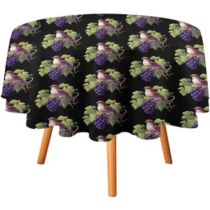 Bird and Grapes Tablecloth Round Table Cloth Washable Tabletop Desk Cover Printed Party Decor