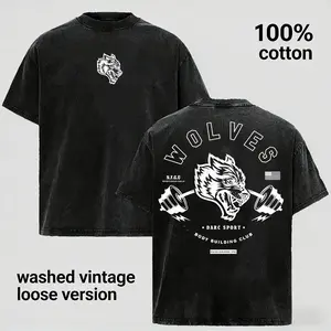 Wolves Bodybuilding Club Vintage Washed Oversized T-Shirt for Men Women, Old School Gym Graphic Tee, Heavyweight 100% Cotton Fitness Shirt, Strength Training Workout Tee, Unisex Streetwear Muscle Style Casual Top, Dad Apparel Gift For Father’s Day Summer