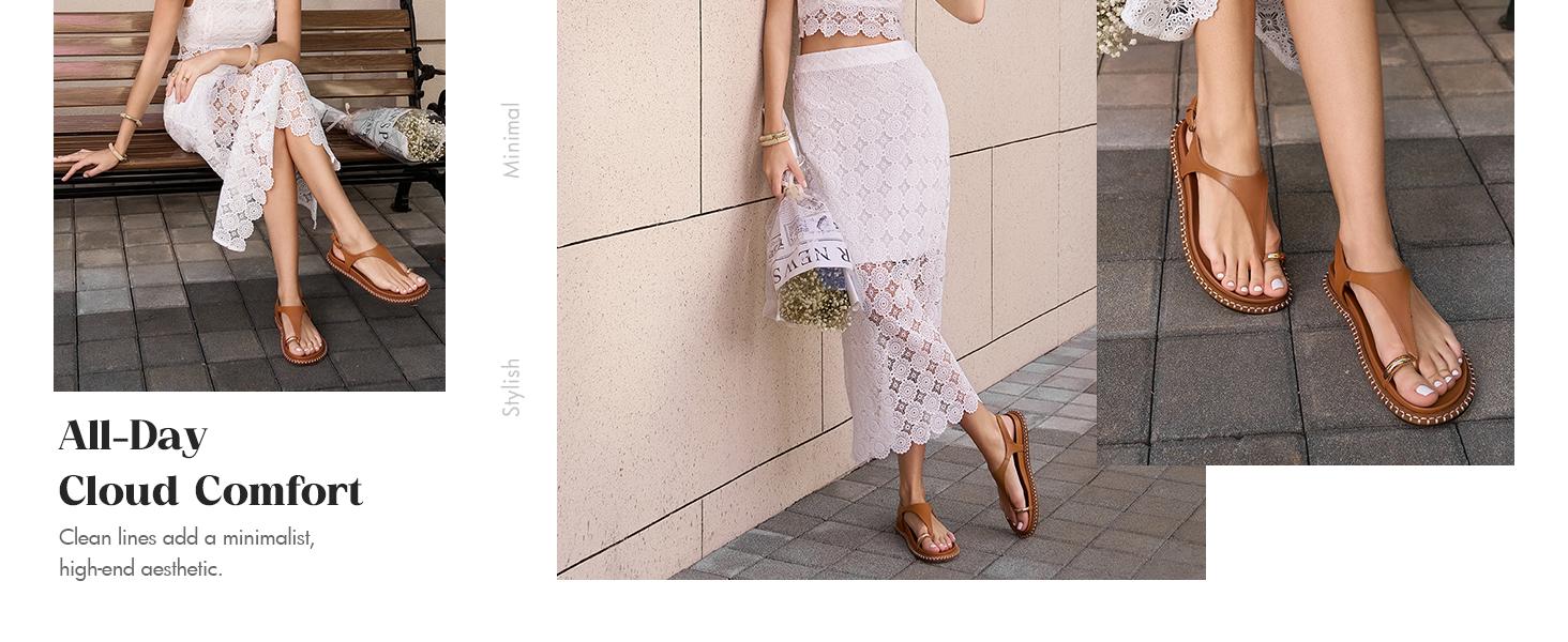 Coutgo Women's Toe Ring Flat Sandals Comfortable Flip Flops T Strap Footbed Sandals Ankle Strap Summer Beach Shoes