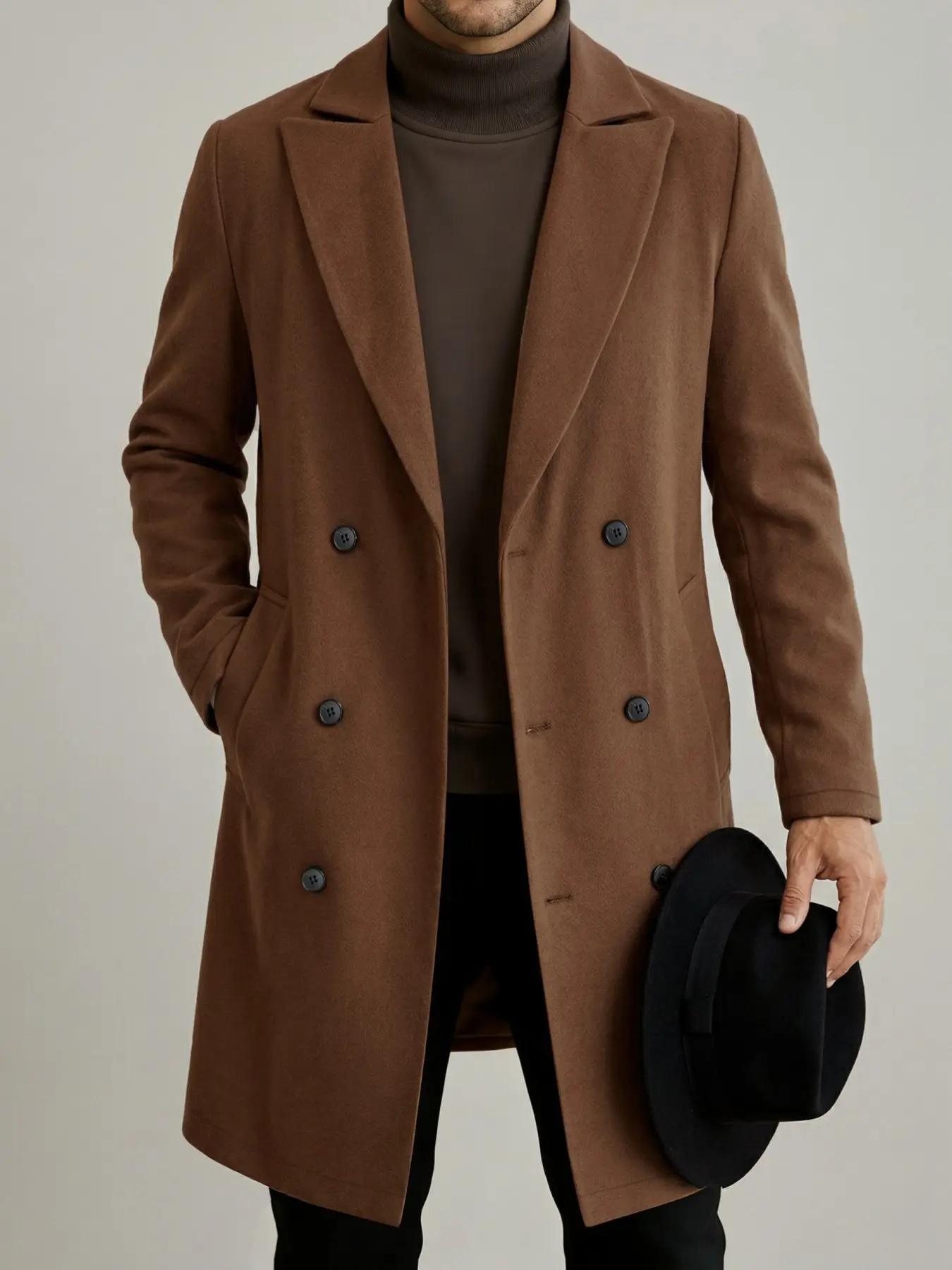 Men's Classic Double-Breasted Trench Coat, Medium-Length Versatile Business Outerwear, Casual Loose-Fit Solid Pattern, Spring & Fall