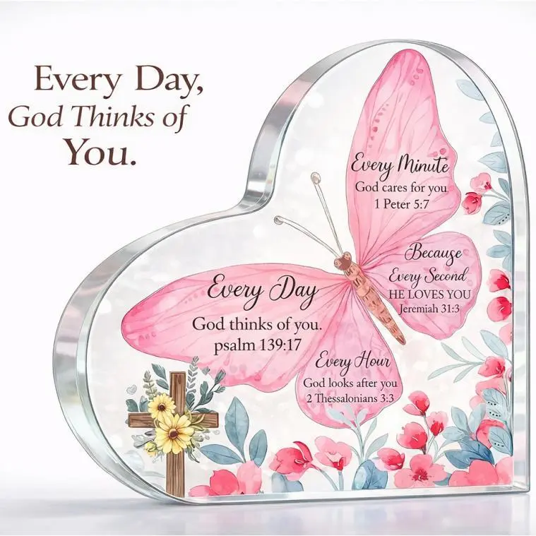 Transparent Acrylic Christian Heart Plaque - 1 Count Biblical Verse Speciality Plaques & Signs with Butterfly, Flower Ornaments, Sentimental Faith Gift for Women/Moms, Adult Bedroom, Home Office Decoration Supplies, Inspirational