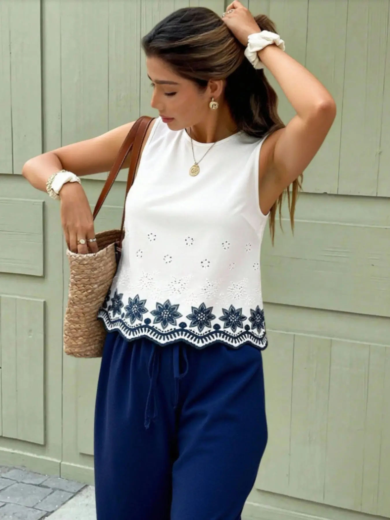 Women's Two Piece Set, Embroidered Sleeveless Top, Navy Wide Leg Pants, Boho Bohemian Style, Summer Vacation Fashion, Embroidery